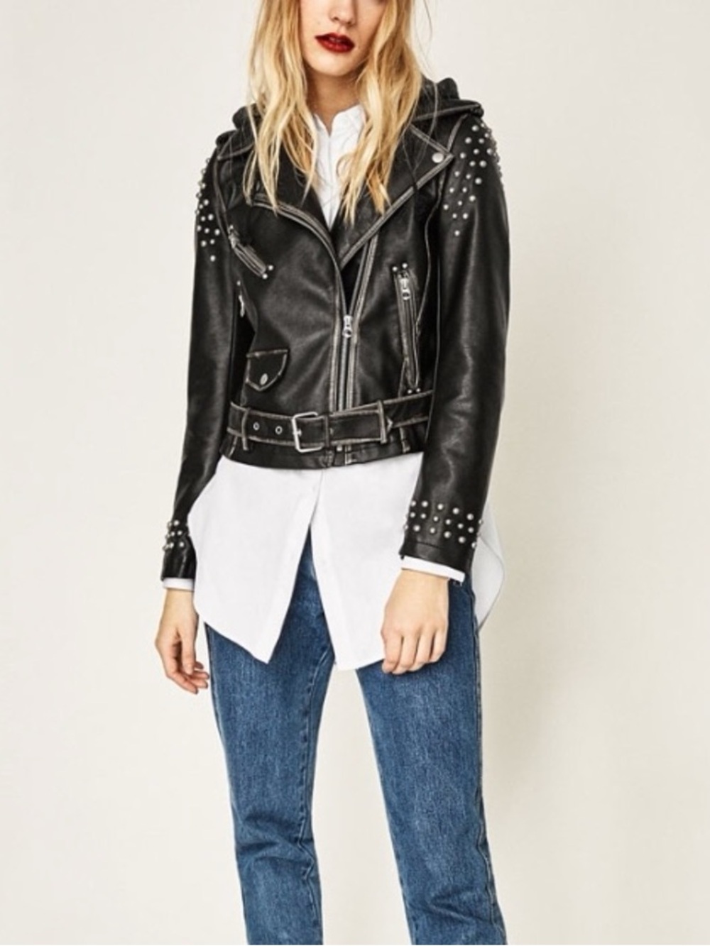 Zara Black Studded Faux Leather Moto Jacket, size small